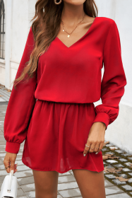 Fiery Red Solid Color Long Sleeve V Neck Bubble Sleeve Dress (size: (US 12-14)L)