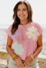 Pink Flower Patch Knit Round Neck Tee