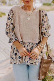 Beige Faux Two Piece Knit Patchwork Floral Plus Size Top (size: (US 14W-16W)1X)