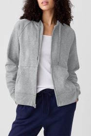 Light Grey Plain Fleece Lined Zip Up Drawstring Hoodie (size: (US 20-22)2XL)