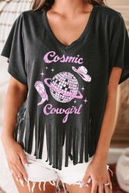Black Cosmic Cowgirl Disco Ball Graphic Tasseled V Neck T Shirt (size: (US 18-20)2XL)