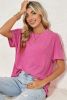 Pink Crinkle Rib Knit Pocketed Loose Fit Crew Neck T Shirt