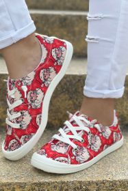 Fiery Red Christmas Santa Print Lace Up Flat Sneakers (size: (US 6)37)