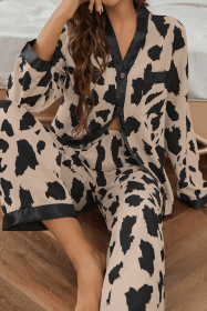Khaki Cheetah Contrast Trim Loose Fit Two Piece Pants Set (size: (US 12-14)L)