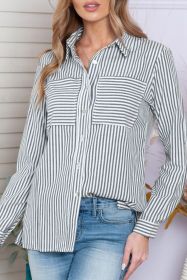 Blue Striped Chic Pockets Roll Up Sleeve Buttons Front Shirt (size: (US 18-20)2XL)