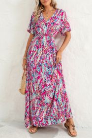 Abstract Print Wrap V Neck Flutter Sleeve Mid Length Summer Dress (size: (US 12-14)L)