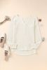Beige Split V Neck Patch Pocket Waffle Knit Long Sleeve Top