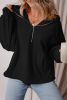 Black Half Zipper Kangaroo Pockets Drop Shoulder Hoodie