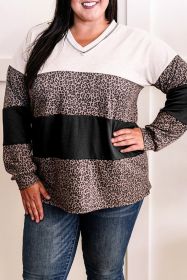 Black Leopard Print Colorblock V Neck Long Sleeve Plus Size Top (size: (US 14W-16W)1X)