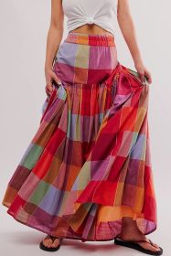 Multicolor Plaid Boho High Waist Maxi Skirt (size: (US 12-14)L)