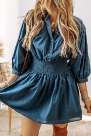 Prussian Blue 3/4 Sleeve Shirred High Waist Buttoned Mini Dress (size: (US 12-14)L)