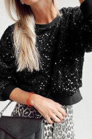 Black Sequined Crew Neck Cropped Sweatshirt (size: (US 12-14)L)