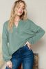Pale Green Solid Color V Neck Drop Long Sleeve Top