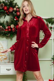 Red Long Sleeve Ruffle Velvet Button Up Shirt Dress (size: (US 12-14)L)