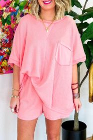 Pink Plus Size Waffle Knit Exposed Seam Tee and Shorts Set (size: (US 14W-16W)1X)