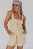 Beige Solid Color Buttons Smocked Sleeveless Romper