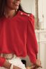 Red Button Tab Detail Round Neck Long Sleeve Top