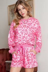 Pink Leopard Long Sleeve Top & Satin Tie Shorts Two Piece Shorts Set (size: (US 20-22)2XL)