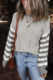 Gray Stripe Twisted Knitted Drop Shoulder Sweater (size: 1-2-2-2)