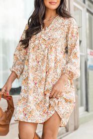 Yellow Boho Floral V Neck Ruffled High Waist Long Sleeve Mini Dress (size: (US 12-14)L)