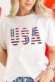 White USA Flag Sequin Graphic Patched Round Neck T Shirt (size: (US 18-20)2XL)