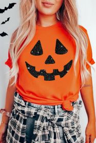 Orange Glittering Pumpkin Face Graphic Crewneck T Shirt (size: (US 20-22)2XL)