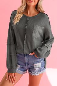Gray Waffle and Crinkle Patchwork Long Sleeve Top (size: (US 20-22)2XL)