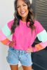 Rose Red Color Block Sleeve Loose Fit Top