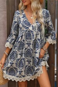 Sky Blue Ethnic Print Lace Trim V Neck 3/4 Sleeve Mini Dress (size: (US 12-14)L)