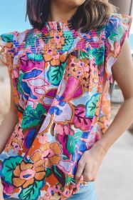 Multicolor Floral Print Ruffle Sleeveless Smocked Blouse (size: (US 12-14)L)