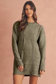 Mist Green Twist Cable Knit Drop Shoulder Loose Fit Sweater Dress (size: (US 20-22)2XL)
