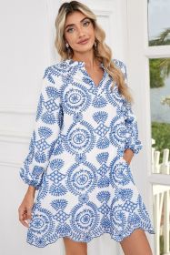 Blue Boho Floral Embroidered Notch V Neck Mini Dress (size: (US 12-14)L)