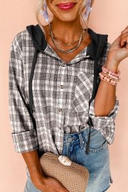 Black Checkered Print Hooded Patchwork Loose Fit Shacket (size: (US 12-14)L)