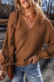 Camel Ribbed Knit Drop Sleeve V Neck Loose Fit Sweater (size: (US 12-14)L)