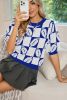 Dark Blue Rugby Plaid Color Block Puff Sleeve Knit Top