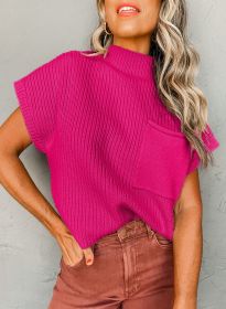 Rose Red Patch Pocket Ribbed Knit Short Sleeve Sweater (size: (US 20-22)2XL)