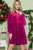 Rose Long Sleeve Ruffle Velvet Button Up Shirt Dress