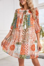 Orange Boho Paisley Mixed Print 3/4 Sleeve Chiffon Loose Dress (size: (US 12-14)L)