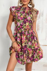 Green Floral Print Flutter Shoulder Ruffled Mini Dress (size: (US 12-14)L)