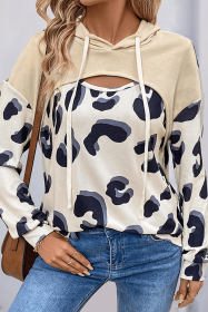 White Cutout Patchwork Leopard Hoodie (size: (US 12-14)L)
