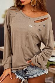 Khaki Casual Distressed Pocket Long Sleeve Top (size: (US 18-20)2XL)