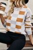 Khaki Checkered Crew Neck Drop Shoulder Knit Sweater