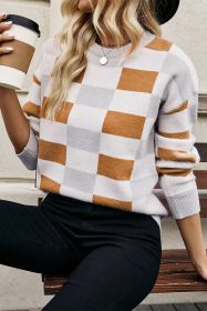 Khaki Checkered Crew Neck Drop Shoulder Knit Sweater (size: 1-2-2-2)