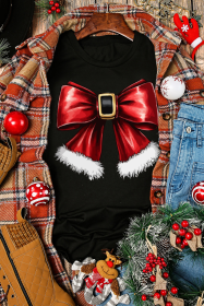 Black Christmas Bowknot Graphic Crewneck T Shirt (size: (US 20-22)2XL)
