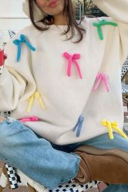 Beige Colorful Bowknot Crewneck Knit Sweater (size: 1-2-2-2)