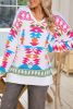 White Oversized Geometric Print High Low V Neck Sweater