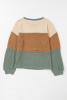 Green Waffle Knit Color Block Drop Sleeve Loose Top