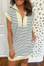 Blue Striped Zip Collar Patchwork Ribbed Mini Dress (size: (US 12-14)L)