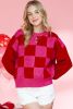 Multicolor Checkered Pattern Pompom Heart Knitted Sweater
