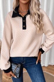Oatmeal Checked Texture Patchwork Edge Button Collared Sweatshirt (size: (US 12-14)L)
